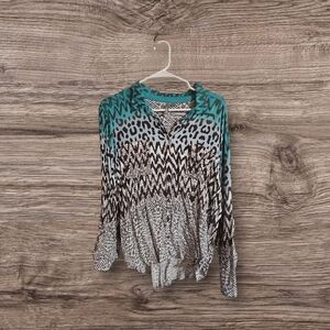 New Directions Teal and Brown Patterned Blouse